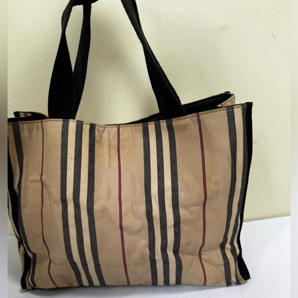 Burberry Vintage Striped Canvas Toto Bag Satchel Handbag Nova Check Cotton Tan - Picture 2 of 16